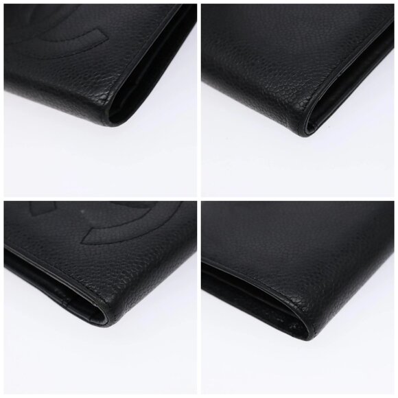 CHANEL Bifold Wallet Grained Calf Skin Black Gold CC Auth